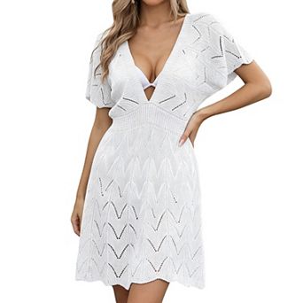 Women's Crochet Knit Beach Cover Up Dress Deep V Neck Open Back Short Sleeve Swimwear Cover Up