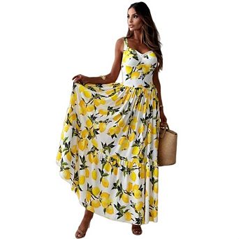 Women's Resort Smocked Flowy Tiered Bottom High Waist Maxi Dress