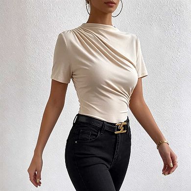 Women's Casual Slim Short Sleeve Tee, Mock Neck Twist Ruched Solid Basic Top