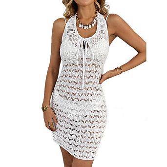 Women's Coverup Dresses Crochet Knit Hollow Out Front Tie Sleeveless Beach Dress