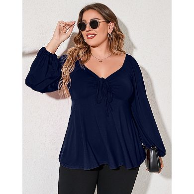 Plus Size Long Sleeve V neck Drawstring Backless Lantern Sleeve Top