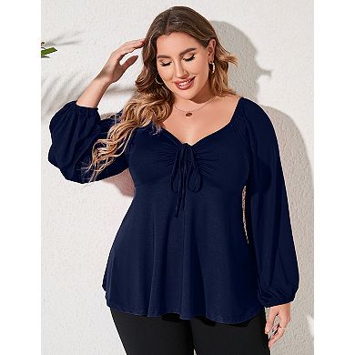 Plus Size Long Sleeve V neck Drawstring Backless Lantern Sleeve Top