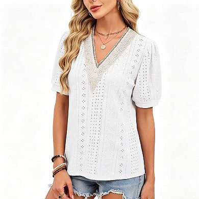 Women's Casual Lace Trim V Neck Top, Puff Sleeve Hollow Out Solid Summer Blouse