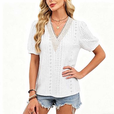 Women's Casual Lace Trim V Neck Top, Puff Sleeve Hollow Out Solid Summer Blouse