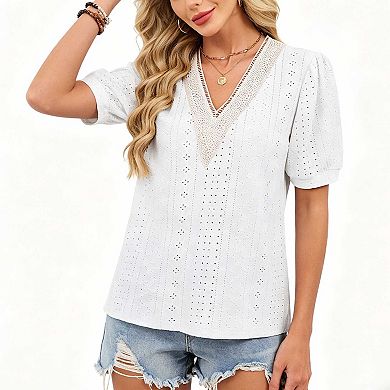 Women's Casual Lace Trim V Neck Top, Puff Sleeve Hollow Out Solid Summer Blouse