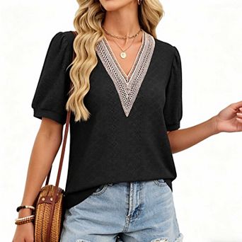 Women's Casual Lace Trim V Neck Top, Puff Sleeve Hollow Out Solid Summer Blouse