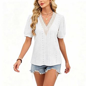 Women's Casual Lace Trim V Neck Top, Puff Sleeve Hollow Out Solid Summer Blouse