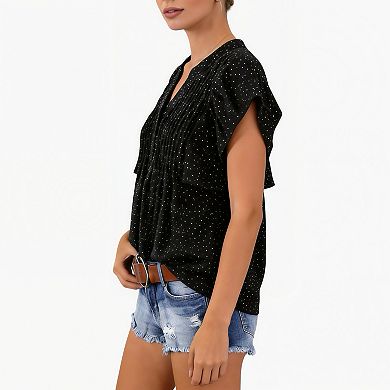 Women's V-Neck Puff Sleeve Top - Relaxed Fit Romantic Blouse with Princess Sleeves