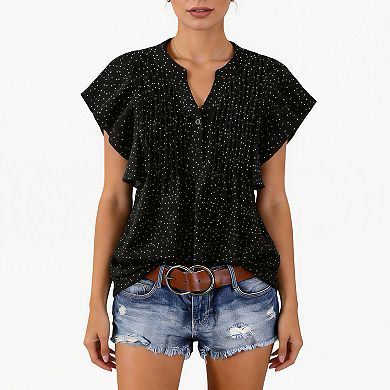 Women's V-Neck Puff Sleeve Top - Relaxed Fit Romantic Blouse with Princess Sleeves