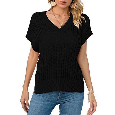 Women's All-Season V-Neck Sweater with Split Hem and Flap Sleeves