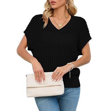 Women's All-Season V-Neck Sweater with Split Hem and Flap Sleeves