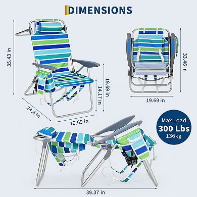 Beach Chairs for Adults 2 Pack, High Backpack Folding Chair with 5 Position Recline
