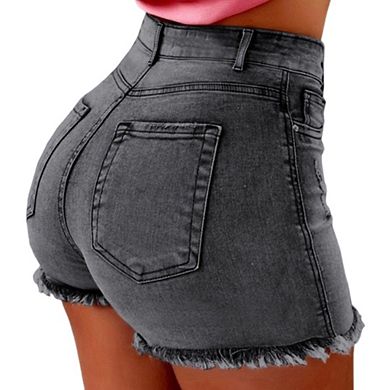 Womens Stretchy High Waisted Frayed Raw Hem Distressed Denim Shorts