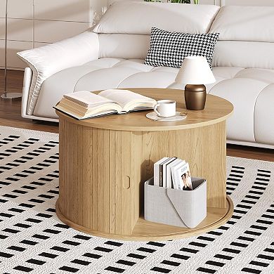 Modern Round Coffee Table with Storage, 28-Inch Fluted Accent Table, Sliding Tambour Door