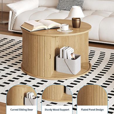 Modern Round Coffee Table with Storage, 28-Inch Fluted Accent Table, Sliding Tambour Door