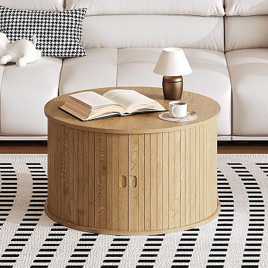 Modern Round Coffee Table with Storage, 28-Inch Fluted Accent Table, Sliding Tambour Door