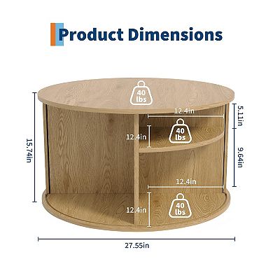 Modern Round Coffee Table with Storage, 28-Inch Fluted Accent Table, Sliding Tambour Door