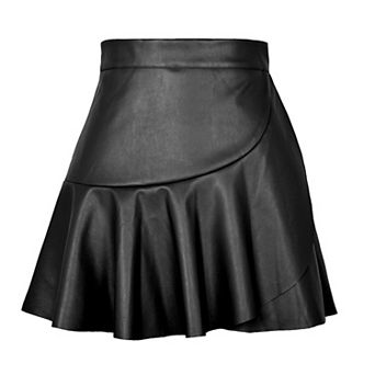 Women's Elegant PU Leather Ruffle Hem Skirt High Waist Flared Casual Mini Skirt