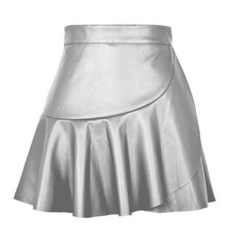 Women's Elegant PU Leather Ruffle Hem Skirt High Waist Flared Casual Mini Skirt