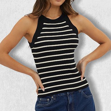 Women's Halter Neck Striped Tank Top - Sleeveless Fitted Bodycon Layering Cami
