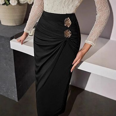 Women's Metal Floral Ruched Wrap Split Thigh Bodycon Maxi Skirts