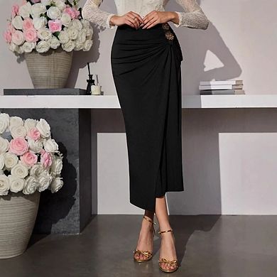 Women's Metal Floral Ruched Wrap Split Thigh Bodycon Maxi Skirts