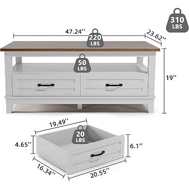 Coffee Table with Drawers, Rustic Center Table with Open Shelf and 6 Support Legs
