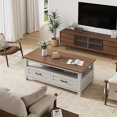Coffee Table with Drawers, Rustic Center Table with Open Shelf and 6 Support Legs