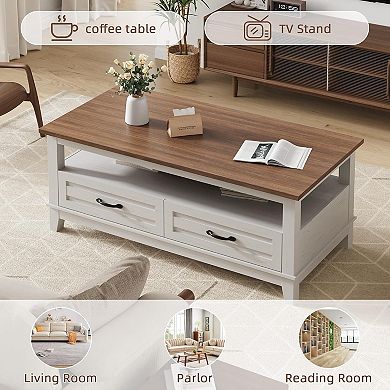 Coffee Table with Drawers, Rustic Center Table with Open Shelf and 6 Support Legs