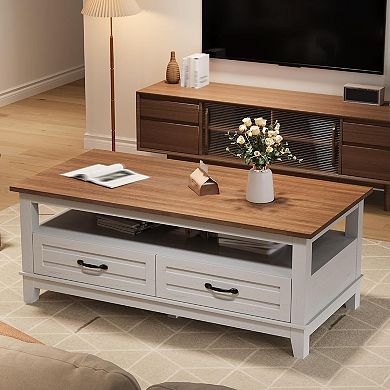 Coffee Table with Drawers, Rustic Center Table with Open Shelf and 6 Support Legs