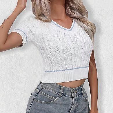 Women's V-Neck Cropped Cable Knit Sweater - Short Sleeve Textured Casual Pullover