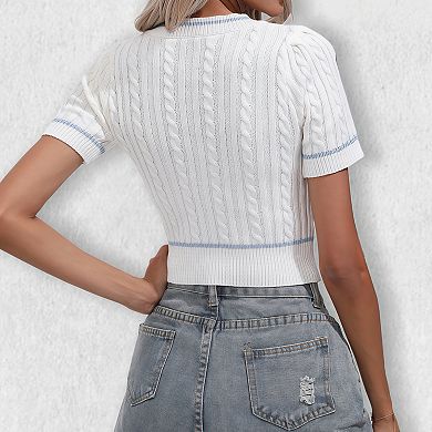 Women's V-Neck Cropped Cable Knit Sweater - Short Sleeve Textured Casual Pullover