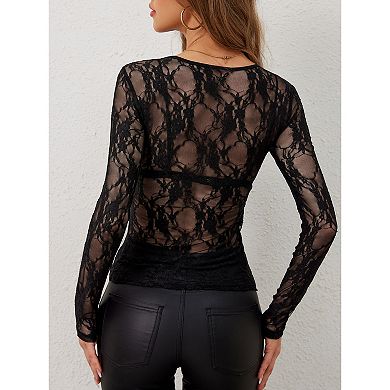 Women Lace Top Long Sleeve Floral Mesh Sheer Shirts