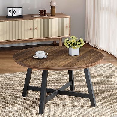Round Coffee Table, Circle Center Table with Wood Grain Top & Thick Metal Legs & Adjustable Feet