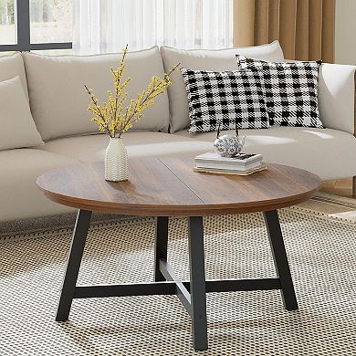 Round Coffee Table, Circle Center Table with Wood Grain Top & Thick Metal Legs & Adjustable Feet