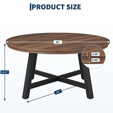 Round Coffee Table, Circle Center Table with Wood Grain Top & Thick Metal Legs & Adjustable Feet