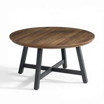 Round Coffee Table, Circle Center Table with Wood Grain Top & Thick Metal Legs & Adjustable Feet