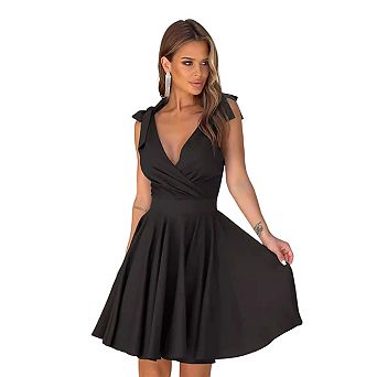 Womens Summer Wrap Mini Dress V Neck Sleeveless Shoulder Tie Tunic Dress Ruched A Line Sundresses