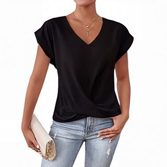Women's V-Neck Twist Front Short Sleeve Top