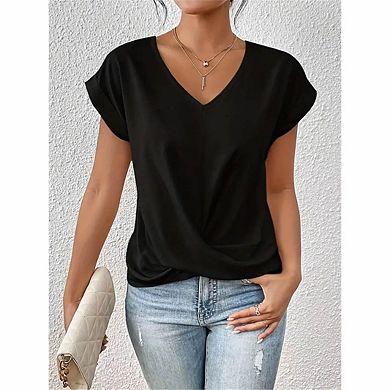 Women's V-Neck Twist Front Short Sleeve Top