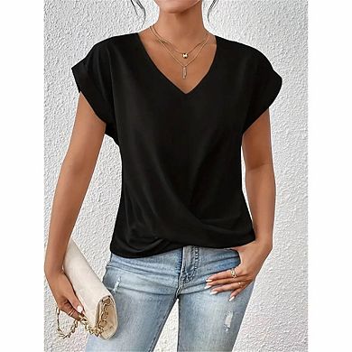 Women's V-Neck Twist Front Short Sleeve Top