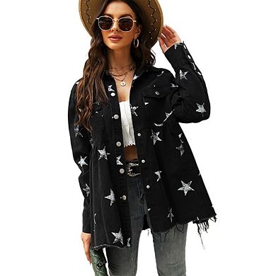 Women's Casual Frayed Raw Hem Star Print Button Down Denim Jacket