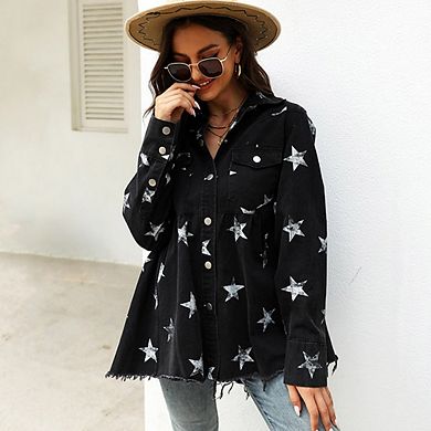 Women's Casual Frayed Raw Hem Star Print Button Down Denim Jacket