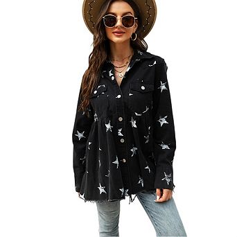 Women's Casual Frayed Raw Hem Star Print Button Down Denim Jacket