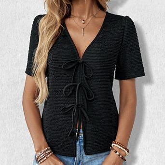 Women's Bow Tie Textured Knit Top - Self-Tie Short Sleeve Casual Pullover Blouse