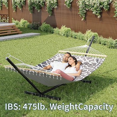 Double Hammock with Stand for 2 Adults, Heavy Duty Portable Quilted Hammock Bed