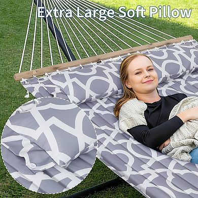 Double Hammock with Stand for 2 Adults, Heavy Duty Portable Quilted Hammock Bed