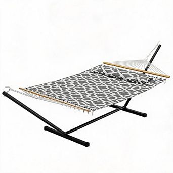 Double Hammock with Stand for 2 Adults, Heavy Duty Portable Quilted Hammock Bed