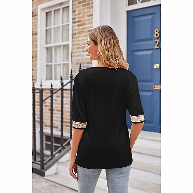 Women's V-Neck Lace Trim Elbow Sleeve Blouse