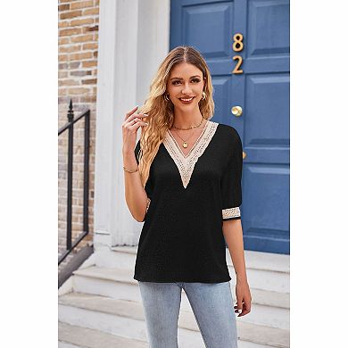 Women's V-Neck Lace Trim Elbow Sleeve Blouse